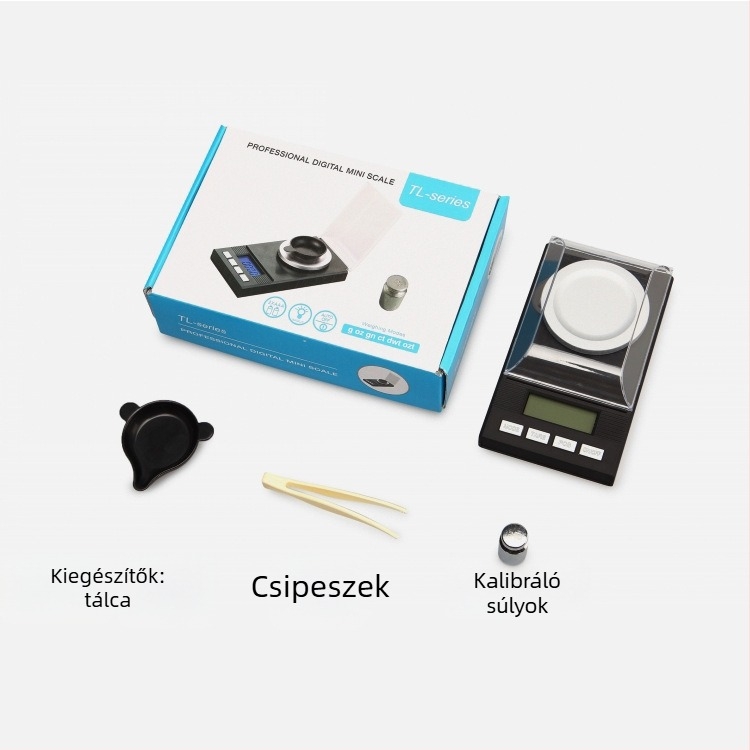 Elektronikus ékszer mérleg, modell 128, kapacitás 50 g, pontosság 0,001 g, elektronikus mérés, AA elemmel működik, többfunkciós