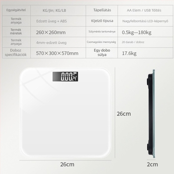 Súlymérleg – Big orange márka, felnőtt használatra, max. 180 kg, akkumulátorral és USB töltéssel