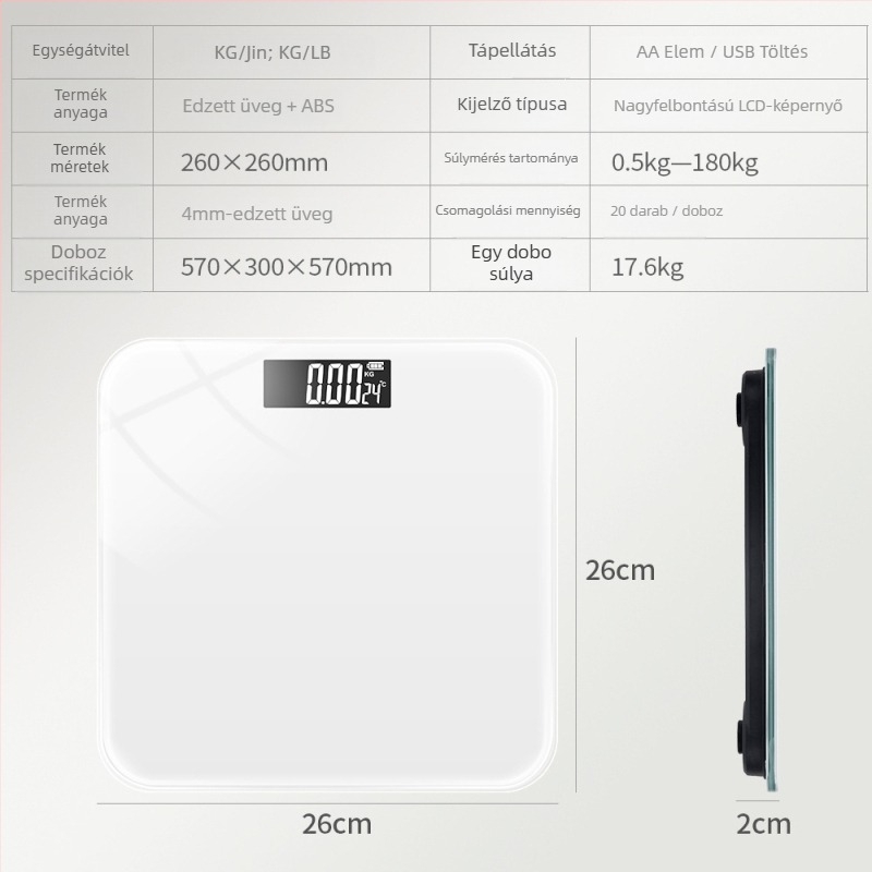 Súlymérleg – Big orange márka, felnőtt használatra, max. 180 kg, akkumulátorral és USB töltéssel