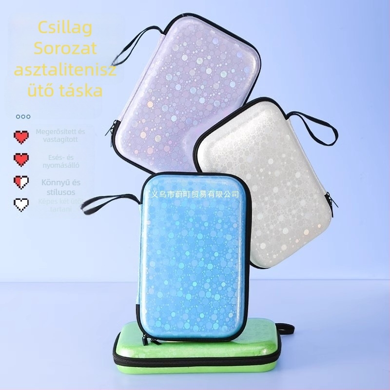 Asztaliteniszütőtok, kemény héj, nagy kapacitású, dupla rekeszek a rakéták számára (vízszintes és függőleges)