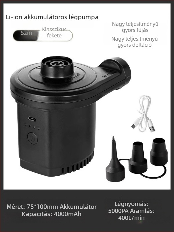 Hordozható levegőpumpa felfújható tárgyakhoz autós tápegységgel, 12V, 120W, áramlás >70 L/min, folyamatos üzem >20 perc