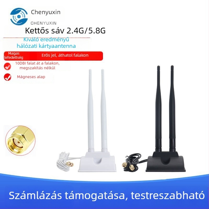 Duál‑bandos vezeték nélküli antenna 2.4 GHz/5.8 GHz, 10 dBi nyereség, SWR ≤ 1.8, asztali vákuumos tartóval, WiFi és Bluetooth számára