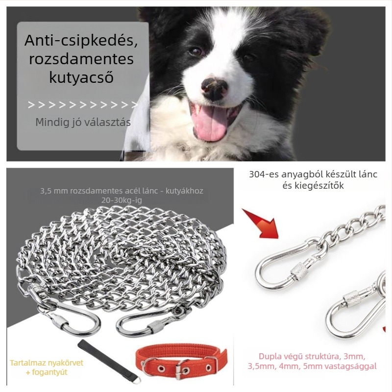304 rozsdamentes acél kutya lánc, állítható, harapás elleni póráz és nyakörv