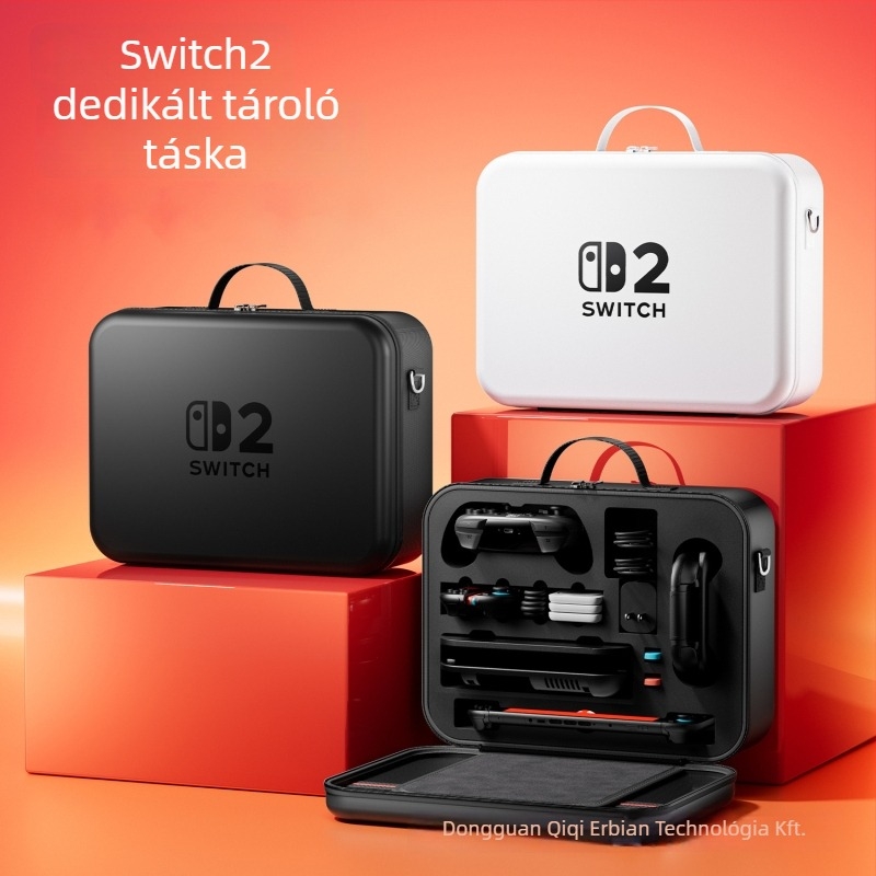 Nintendo Switch 2 EVA-anyagú tárolótáska vállpánttal, kompatibilis a Switch 2-vel, nagy kapacitású játékkártya-doboz — méretek 36×28,5×13 cm, tömeg 960 g