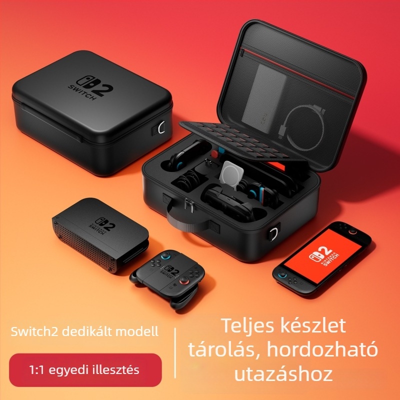 Nintendo Switch 2 EVA-anyagú tárolótáska vállpánttal, kompatibilis a Switch 2-vel, nagy kapacitású játékkártya-doboz — méretek 36×28,5×13 cm, tömeg 960 g