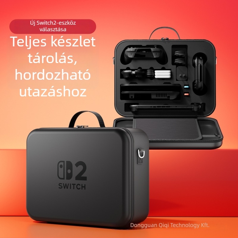 Nintendo Switch 2 EVA-anyagú tárolótáska vállpánttal, kompatibilis a Switch 2-vel, nagy kapacitású játékkártya-doboz — méretek 36×28,5×13 cm, tömeg 960 g