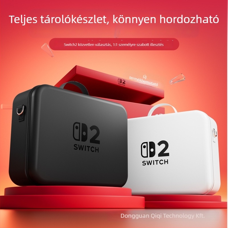 Nintendo Switch 2 EVA-anyagú tárolótáska vállpánttal, kompatibilis a Switch 2-vel, nagy kapacitású játékkártya-doboz — méretek 36×28,5×13 cm, tömeg 960 g