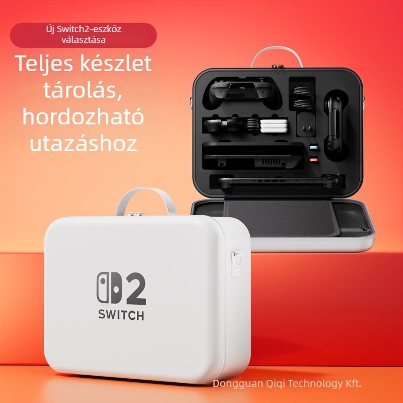 Nintendo Switch 2 EVA-anyagú tárolótáska vállpánttal, kompatibilis a Switch 2-vel, nagy kapacitású játékkártya-doboz — méretek 36×28,5×13 cm, tömeg 960 g