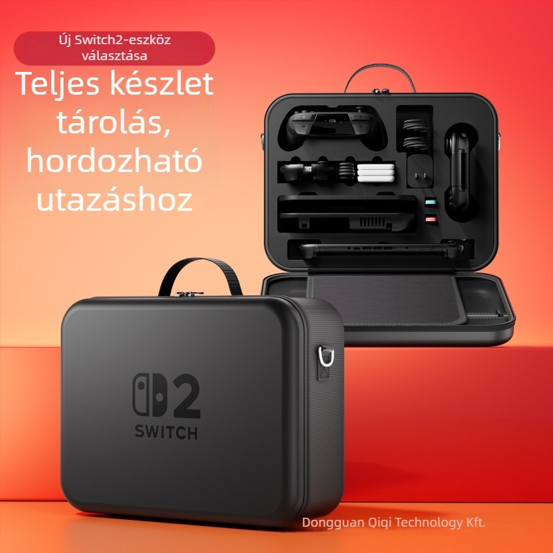 Nintendo Switch 2 EVA-anyagú tárolótáska vállpánttal, kompatibilis a Switch 2-vel, nagy kapacitású játékkártya-doboz — méretek 36×28,5×13 cm, tömeg 960 g