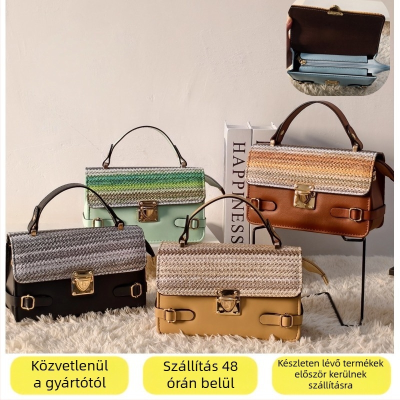 Etno-stílusú PU bőr kézitáska, horizontális négyzet alakú formájú, kapucsukásos záródás, belső zsebek telefonhoz és dokumentumokhoz, egy vállpánt.