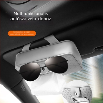 Bőr autózsebkendőtartó pánttal, napellenzőhöz és kartámasz párnához, szemüvegklipsz