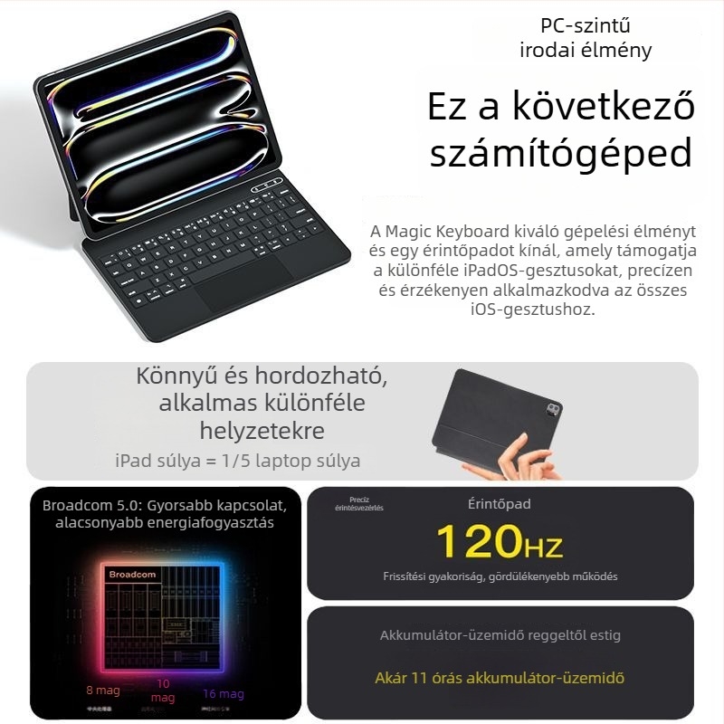 Bluetooth mágneses billentyűzet iPadhez, 11 hüvelykes, 2025-ös modell, kompatibil az iPad Air 7 és az iPad 11. generációjával