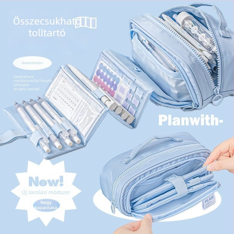 Planwith Koreai stílusú kihúzható tolltartó, vászon anyag, többszintes rekesz, nagy kapacitás