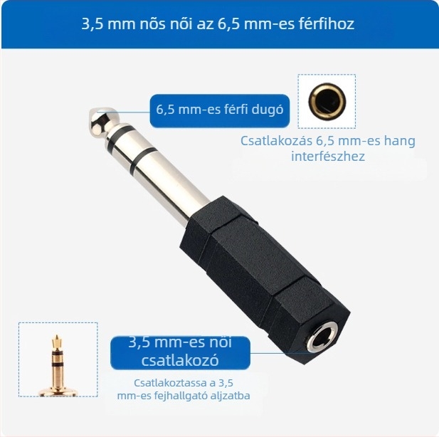 Akihabara 6,5 mm-től 3,5 mm-ig audio adapter gitárhoz, billentyűzethez, mikrofonhoz, fejhallgatóhoz – modell QD2022/QD2023