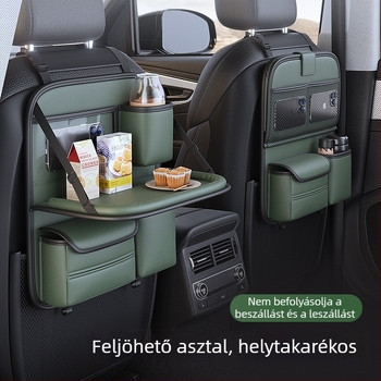 Autóülés hátsó tároló összecsukható asztallal, bőr, vízálló, függőleges rögzítés