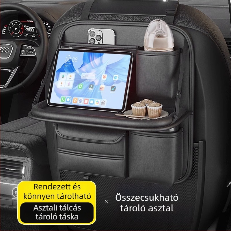 Autóülés hátsó tároló összecsukható asztallal, bőr, vízálló, függőleges rögzítés