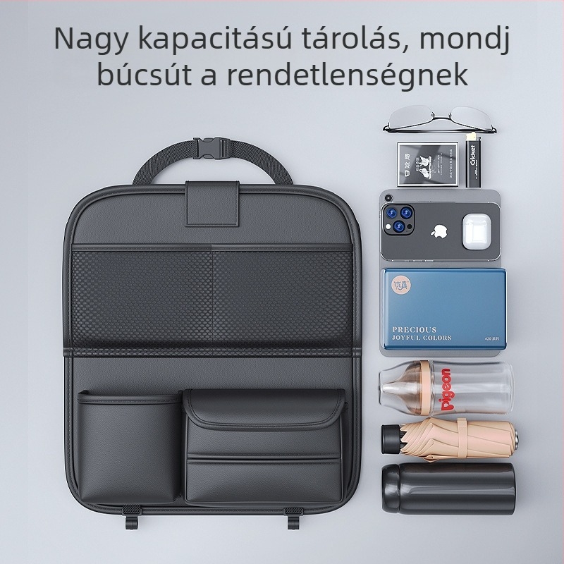 Autóülés hátsó tároló összecsukható asztallal, bőr, vízálló, függőleges rögzítés