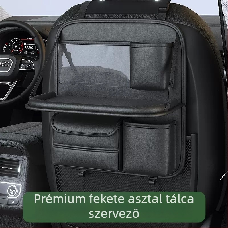 Autóülés hátsó tároló összecsukható asztallal, bőr, vízálló, függőleges rögzítés