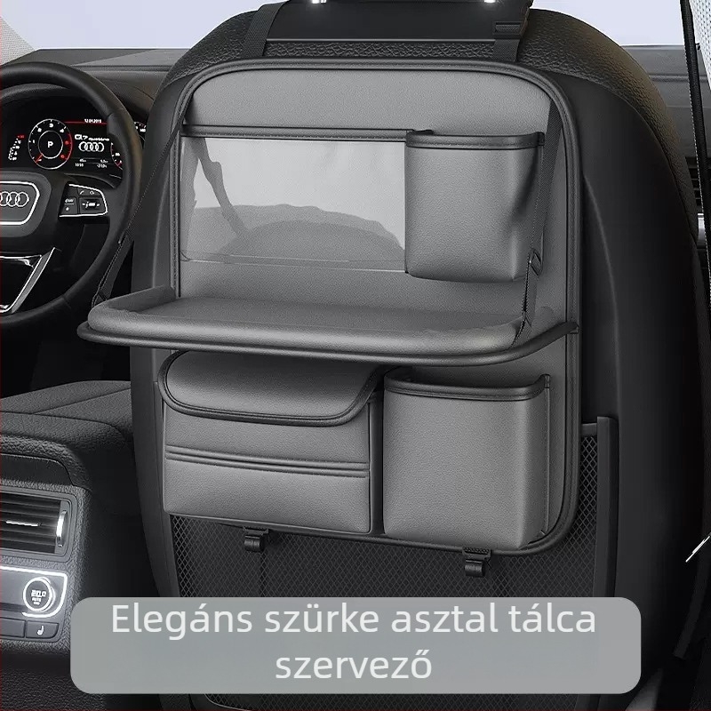 Autóülés hátsó tároló összecsukható asztallal, bőr, vízálló, függőleges rögzítés
