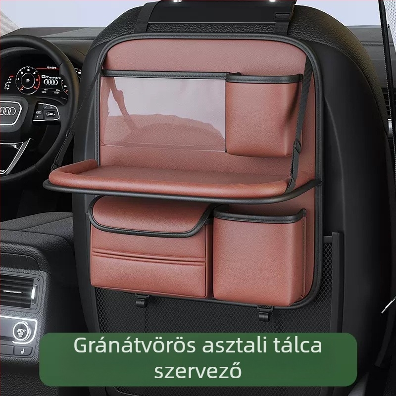 Autóülés hátsó tároló összecsukható asztallal, bőr, vízálló, függőleges rögzítés