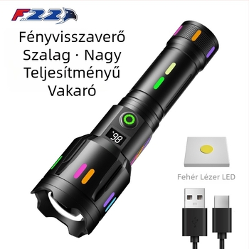 Újratölthető LED zseblámpa 5000mAh akkumulátorral, digitális kijelzővel, optikai zoommal, fehér lézerrel és 500 m+ hatótávval