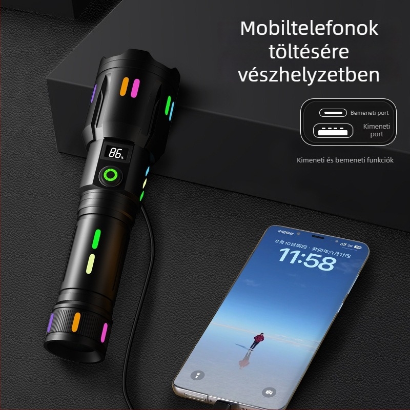 Újratölthető LED zseblámpa 5000mAh akkumulátorral, digitális kijelzővel, optikai zoommal, fehér lézerrel és 500 m+ hatótávval