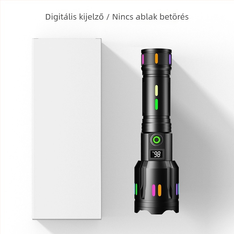 Újratölthető LED zseblámpa 5000mAh akkumulátorral, digitális kijelzővel, optikai zoommal, fehér lézerrel és 500 m+ hatótávval