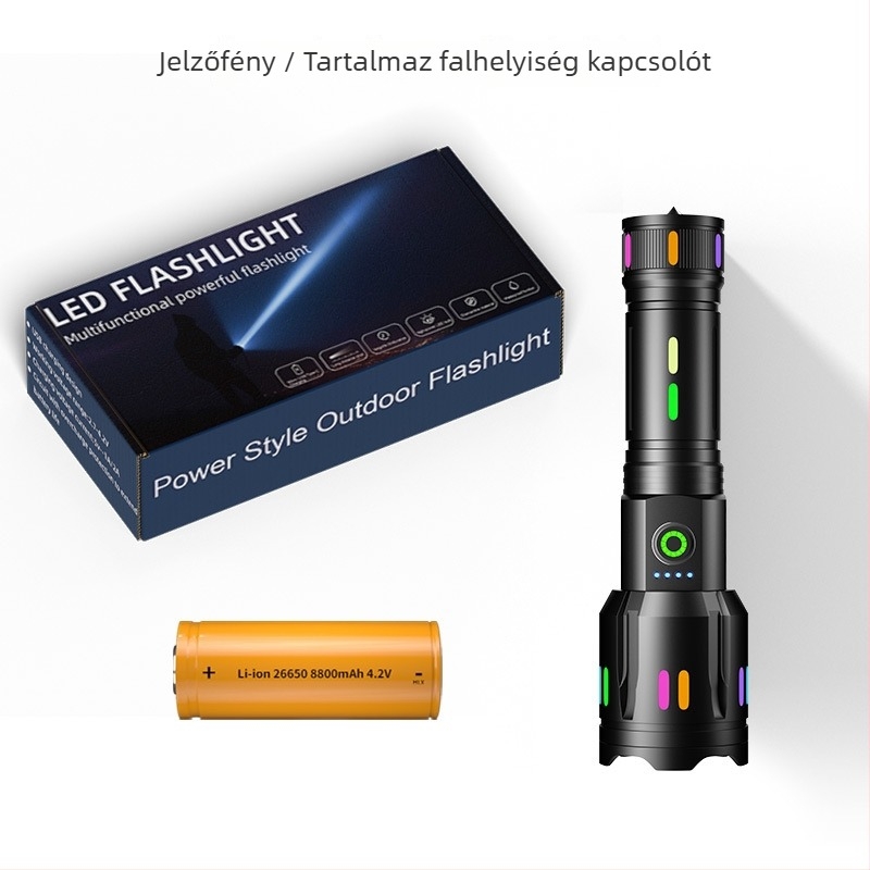 Újratölthető LED zseblámpa 5000mAh akkumulátorral, digitális kijelzővel, optikai zoommal, fehér lézerrel és 500 m+ hatótávval