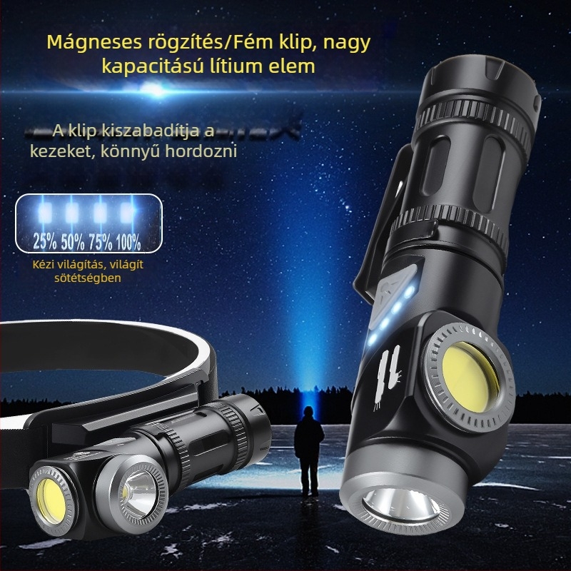 LED fejlámpa USB töltéssel, alumínium ötvözet, 30W, 3000mAh, mágneses alap, 90°-os állítható, 200–500 m hatótáv, multifunkcionális kültéri használatra