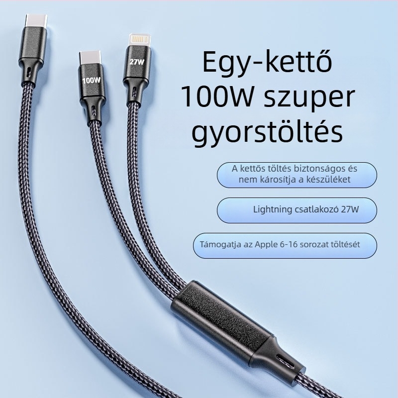 100W-os Type-C gyors töltő kábel két kimenettel tabletákhoz és Apple eszközökhöz, 0,5–1 m, autó használathoz