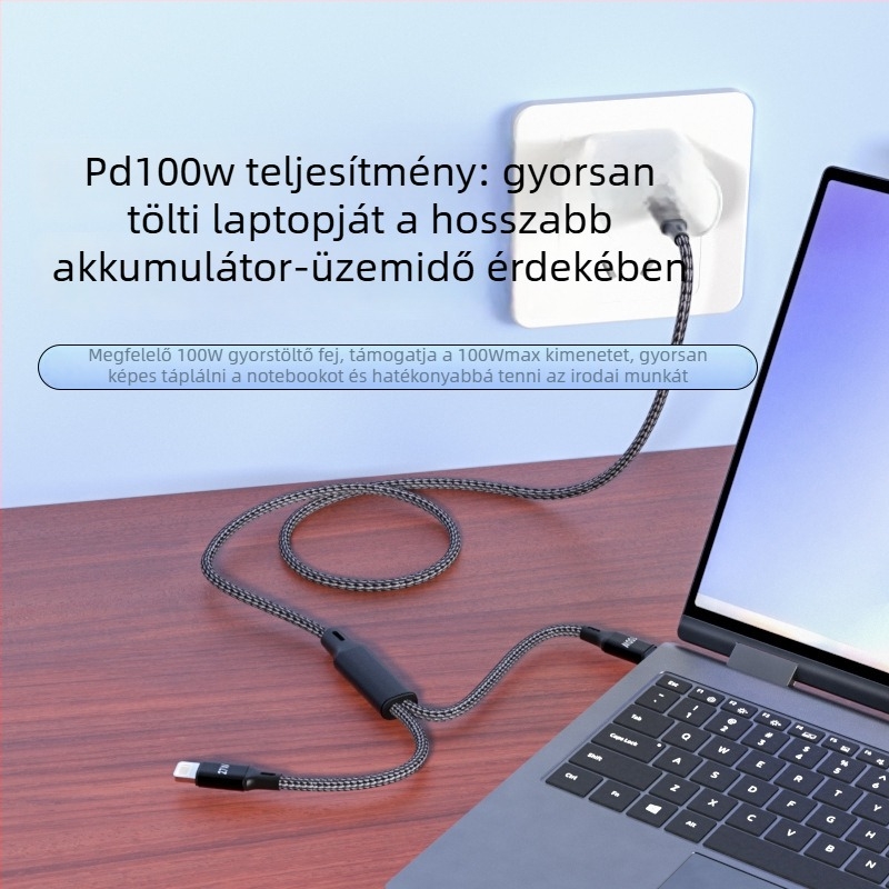 100W-os Type-C gyors töltő kábel két kimenettel tabletákhoz és Apple eszközökhöz, 0,5–1 m, autó használathoz