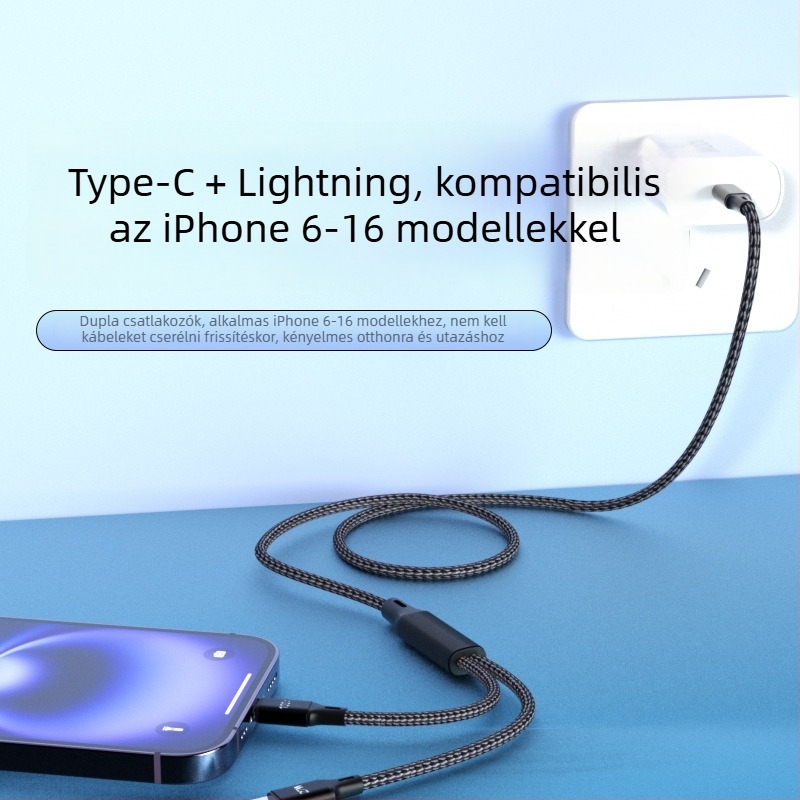 100W-os Type-C gyors töltő kábel két kimenettel tabletákhoz és Apple eszközökhöz, 0,5–1 m, autó használathoz