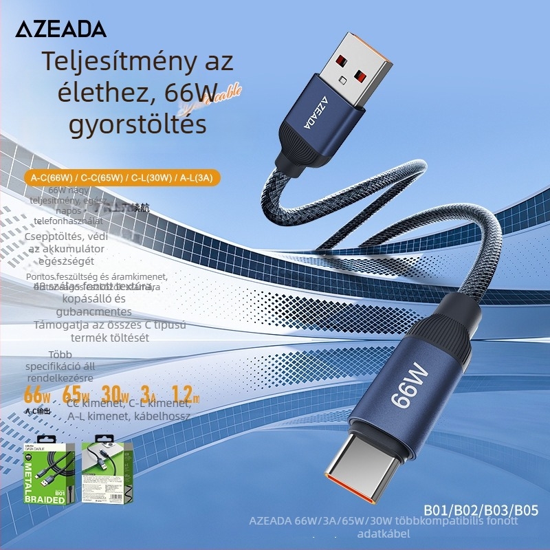 AZEADA USB-C fémhálós adatkábel, 66W gyors töltés, kompatibil számítógépekkel és tablettákkal