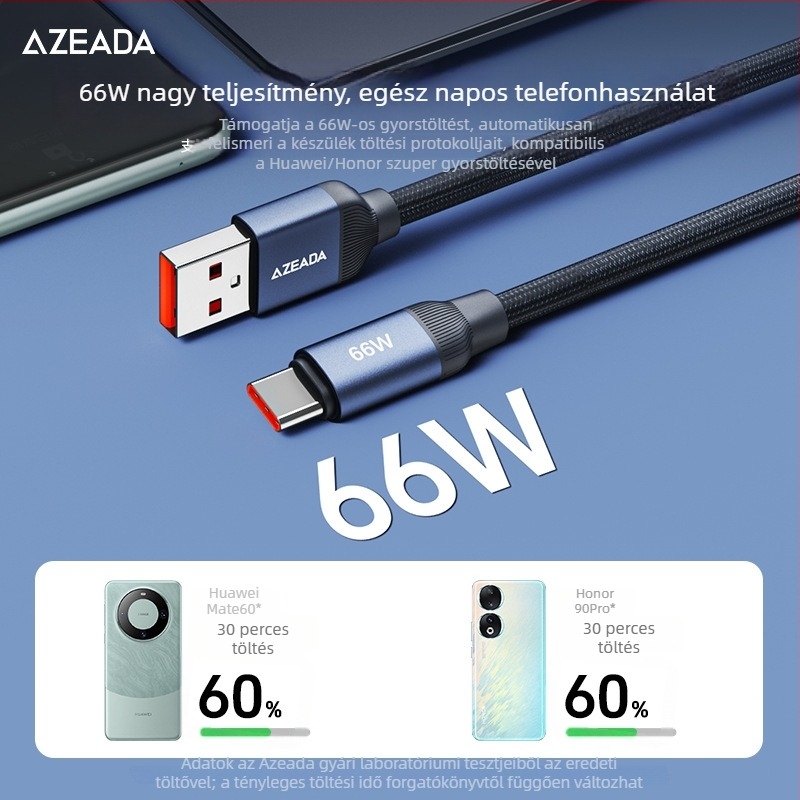 AZEADA USB-C fémhálós adatkábel, 66W gyors töltés, kompatibil számítógépekkel és tablettákkal