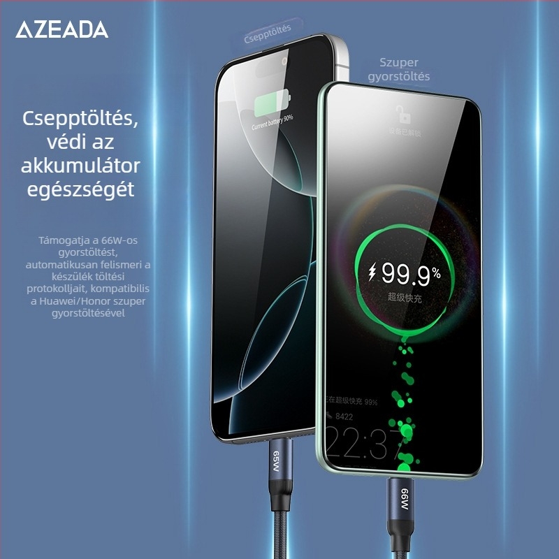 AZEADA USB-C fémhálós adatkábel, 66W gyors töltés, kompatibil számítógépekkel és tablettákkal