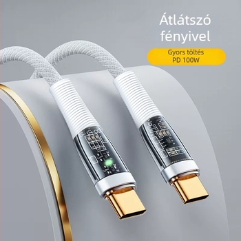 66W gyors töltésű, több interfész USB-C/Lightning/Micro USB adatkábel, átlátszó kötött, PD támogatás, hossza 1–2 m, LED indikátor
