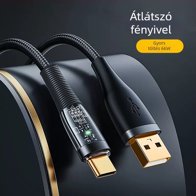 66W gyors töltésű, több interfész USB-C/Lightning/Micro USB adatkábel, átlátszó kötött, PD támogatás, hossza 1–2 m, LED indikátor
