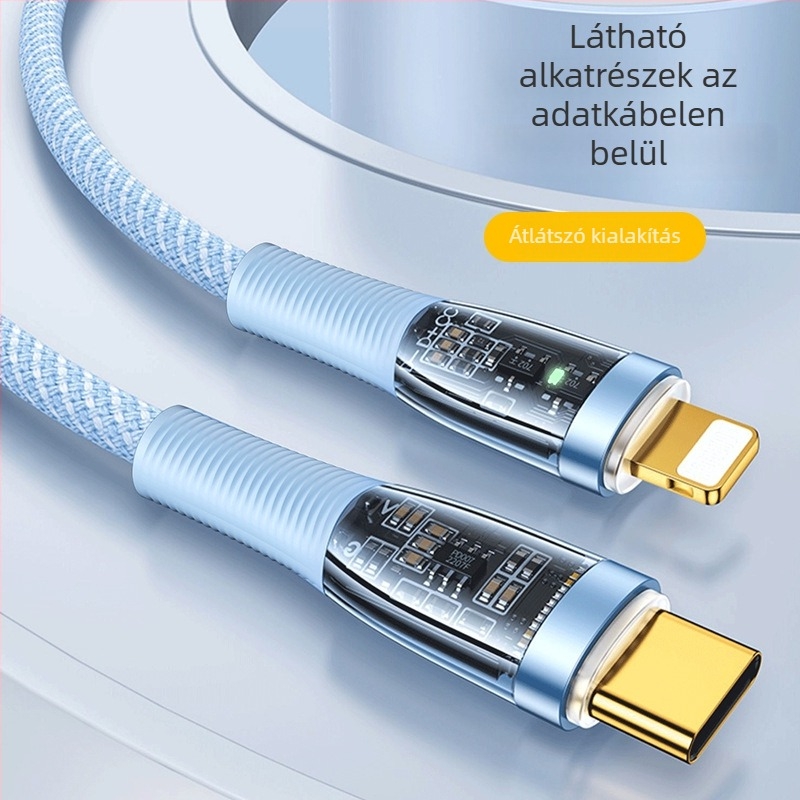 66W gyors töltésű, több interfész USB-C/Lightning/Micro USB adatkábel, átlátszó kötött, PD támogatás, hossza 1–2 m, LED indikátor
