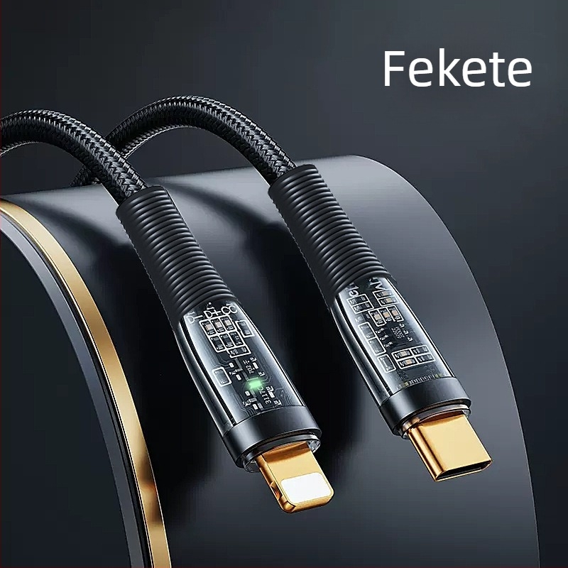 66W gyors töltésű, több interfész USB-C/Lightning/Micro USB adatkábel, átlátszó kötött, PD támogatás, hossza 1–2 m, LED indikátor