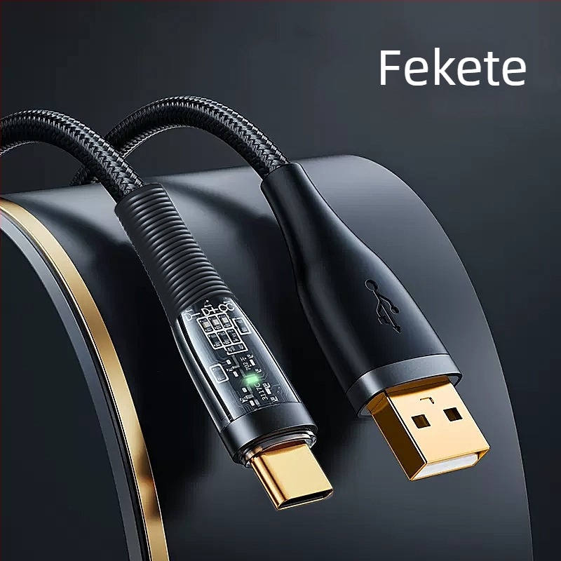 66W gyors töltésű, több interfész USB-C/Lightning/Micro USB adatkábel, átlátszó kötött, PD támogatás, hossza 1–2 m, LED indikátor