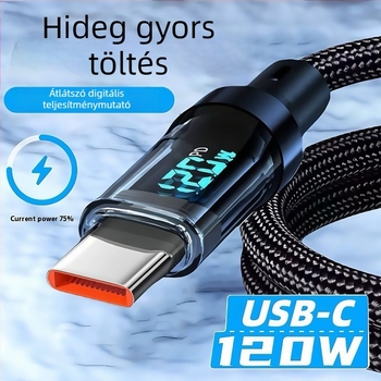 USB-C töltőkábel horgolt kivitelben, automatikus kikapcsolás, 60W max, hossz 1–2 m