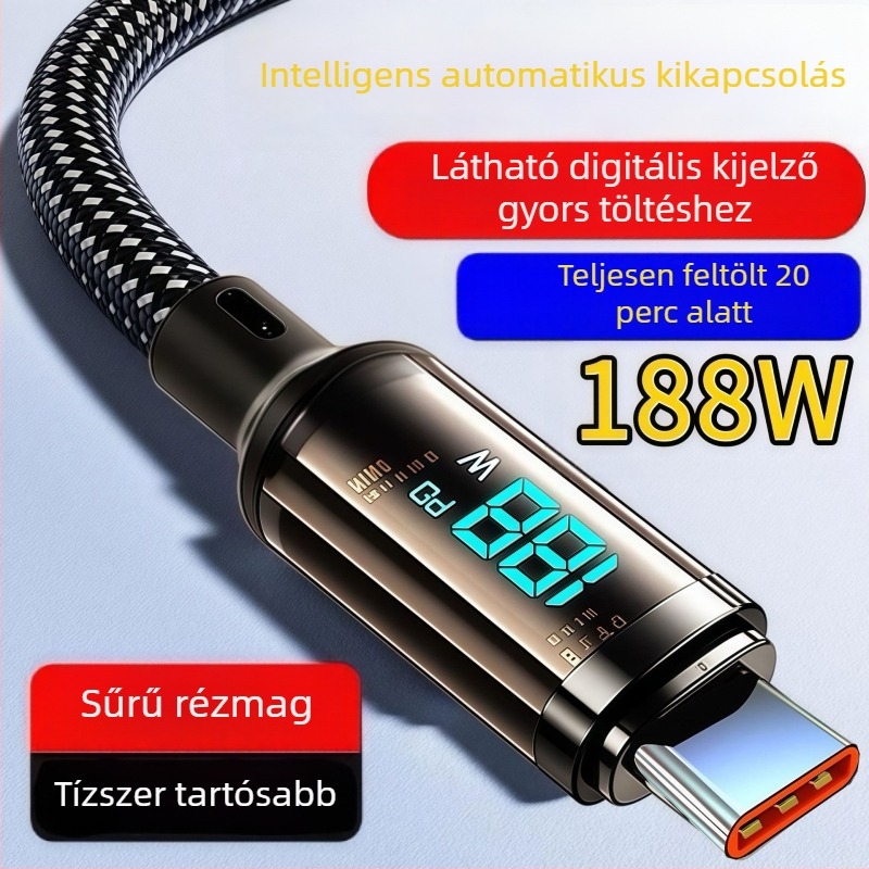 USB-C töltőkábel horgolt kivitelben, automatikus kikapcsolás, 60W max, hossz 1–2 m