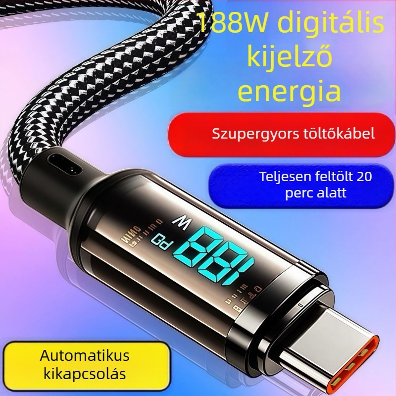 USB-C töltőkábel horgolt kivitelben, automatikus kikapcsolás, 60W max, hossz 1–2 m