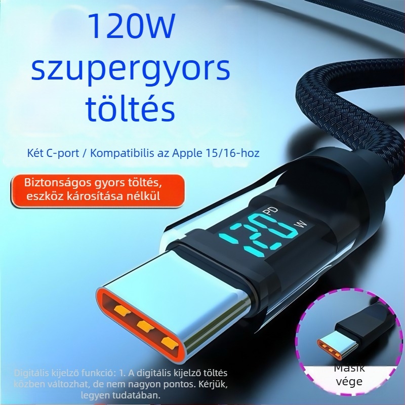 USB-C töltőkábel horgolt kivitelben, automatikus kikapcsolás, 60W max, hossz 1–2 m