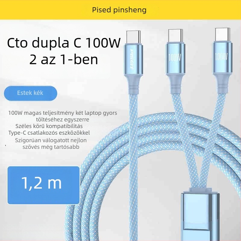 Pisen 100W 2-in-1 Type-C és 2C közötti gyorstöltő kábel, kötött nylon, egyfejű csatlakozó