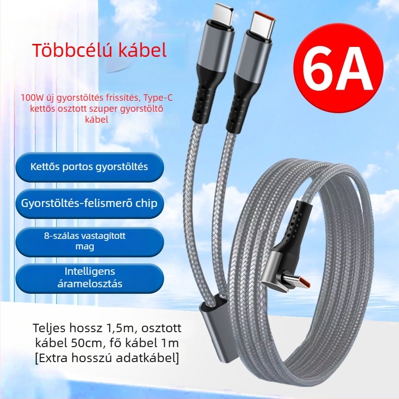 100W gyorstöltésű, fonott Type-C derékszögű adatkábel, 1–2 kimenettel, Apple 17-es eszközökre, Huawei tabletek és noteszgépekre