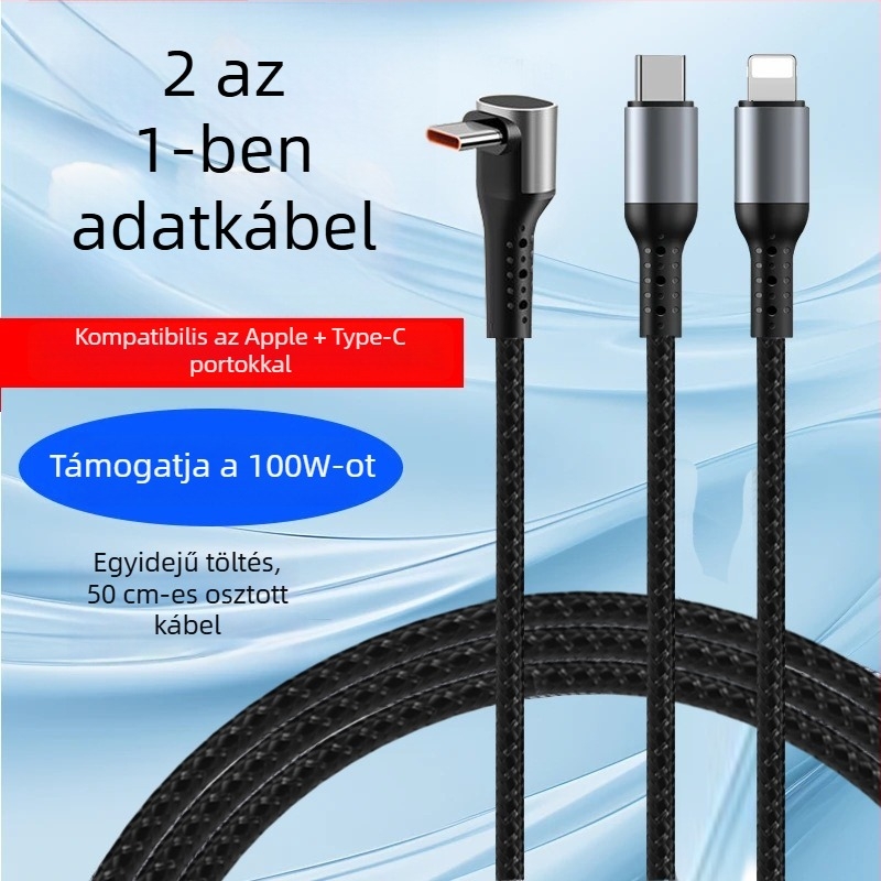 100W gyorstöltésű, fonott Type-C derékszögű adatkábel, 1–2 kimenettel, Apple 17-es eszközökre, Huawei tabletek és noteszgépekre