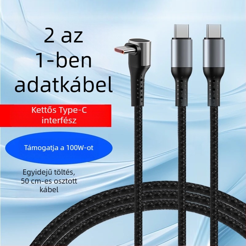100W gyorstöltésű, fonott Type-C derékszögű adatkábel, 1–2 kimenettel, Apple 17-es eszközökre, Huawei tabletek és noteszgépekre
