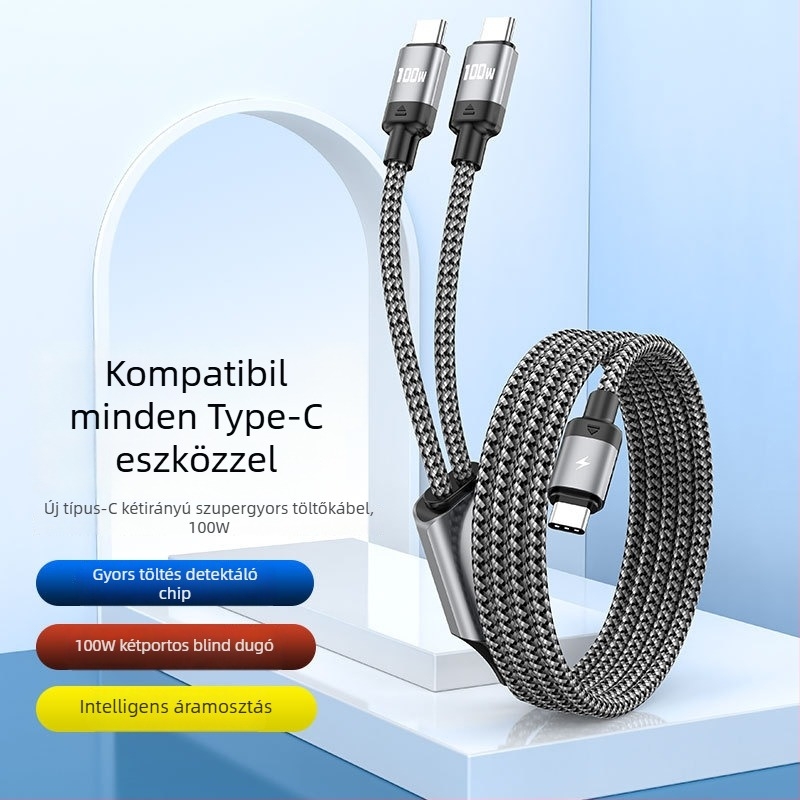 PD100W töltőkábel két kimenettel, Lightning és USB-C csatlakozókkal, szövött anyagú, 1 vagy 2 méteres hossz