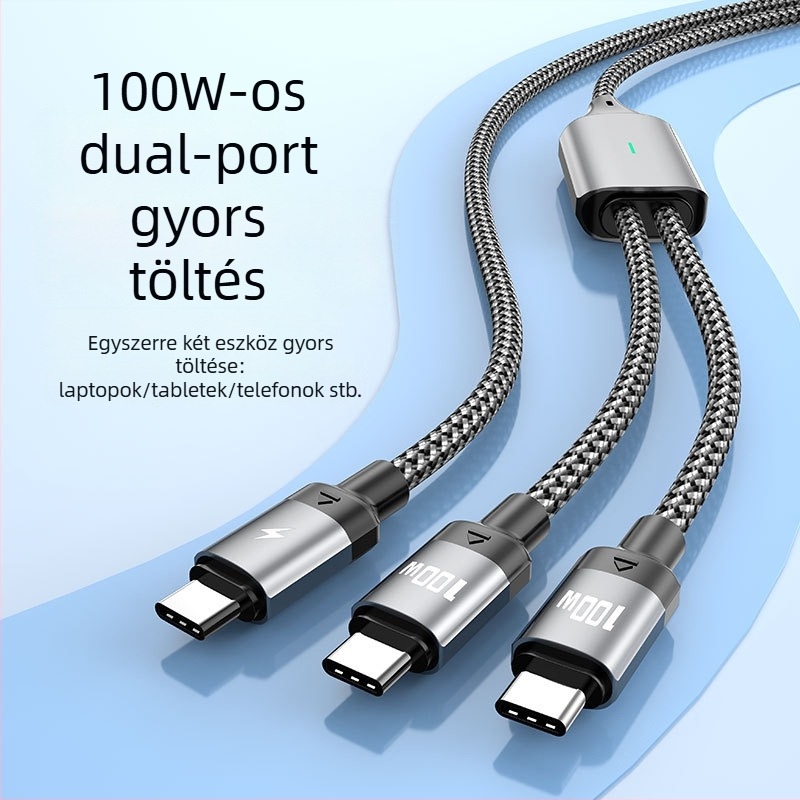 PD100W töltőkábel két kimenettel, Lightning és USB-C csatlakozókkal, szövött anyagú, 1 vagy 2 méteres hossz
